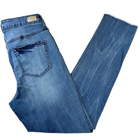 Seven7 Jeans Women Size 8 High Rise Slim Straight Blue Stone Wash Raw Hem Denim - Picture 2 of 10